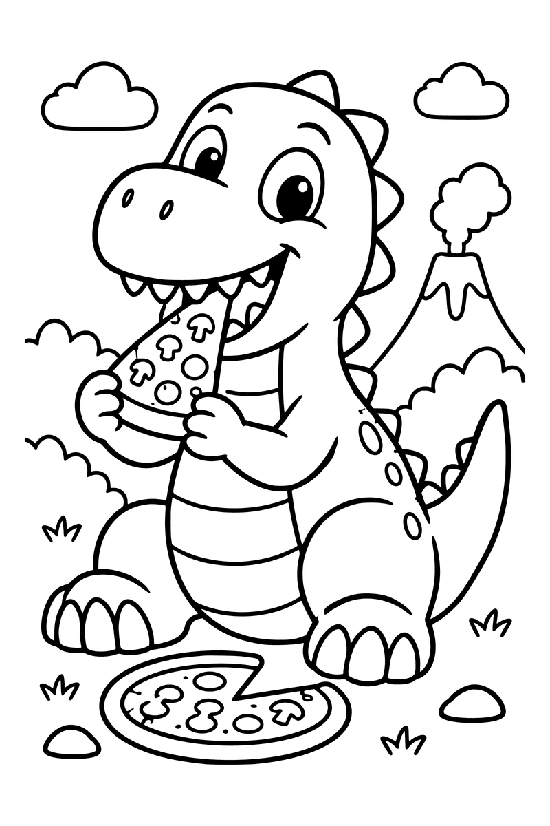 Coloring page of a dinosaur eating a slice of pizza