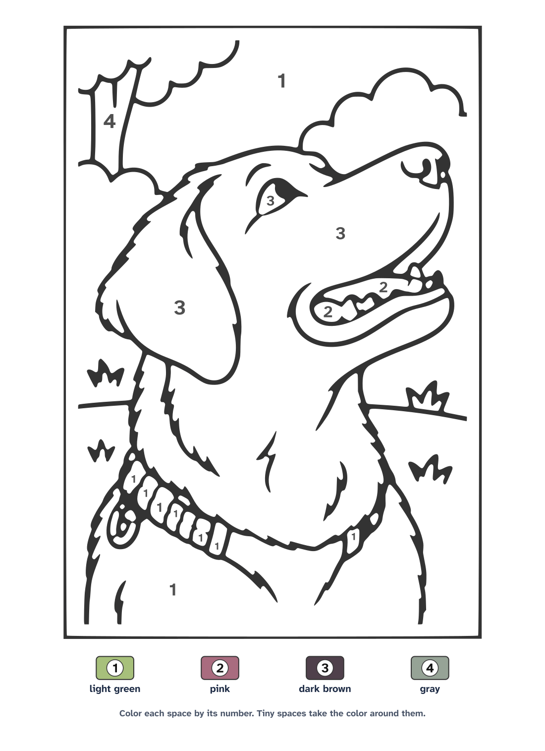 Color by number page of the labrador: a line drawing with numbered spaces and a color key with crayon names