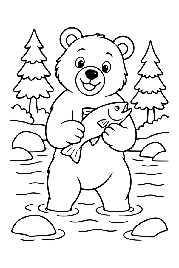 Coloring page of a friendly bear standing in a river holding a fish