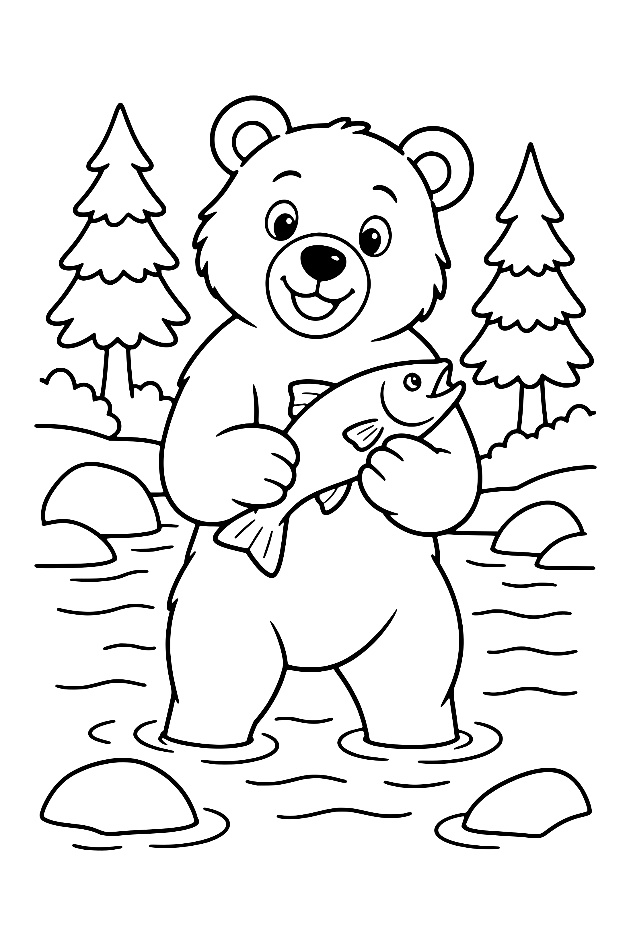 Coloring page of a friendly bear standing in a river holding a fish