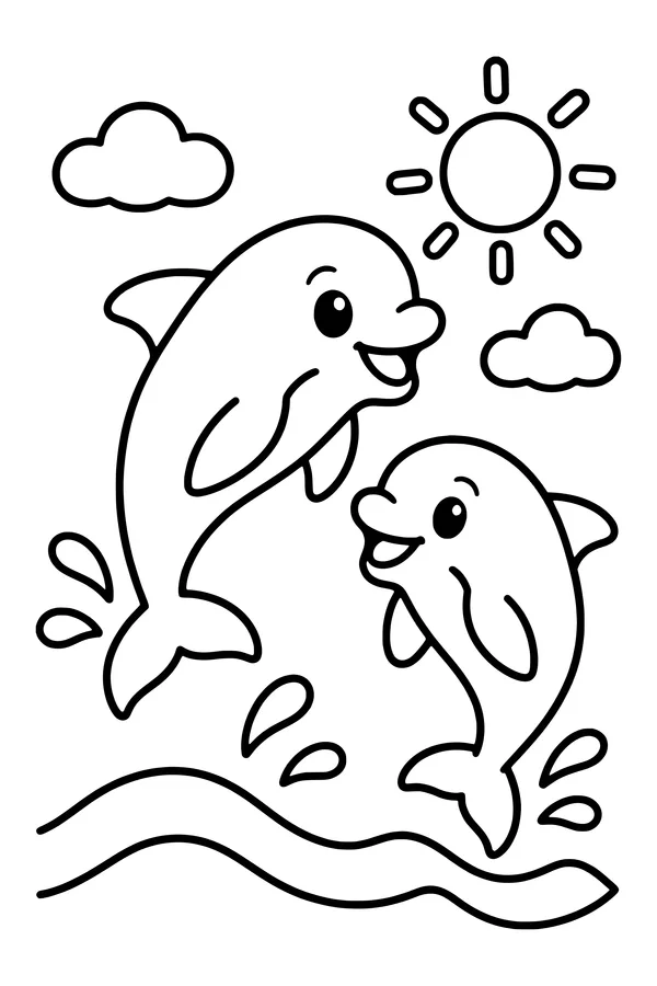 Coloring page of two dolphins jumping out of the ocean waves