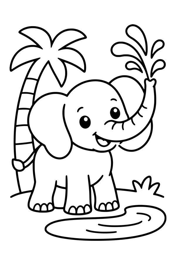 Coloring page of an elephant spraying water from its trunk by a pond