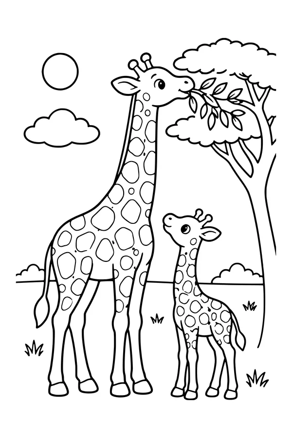 Coloring page of a giraffe eating leaves from an acacia tree next to a baby giraffe