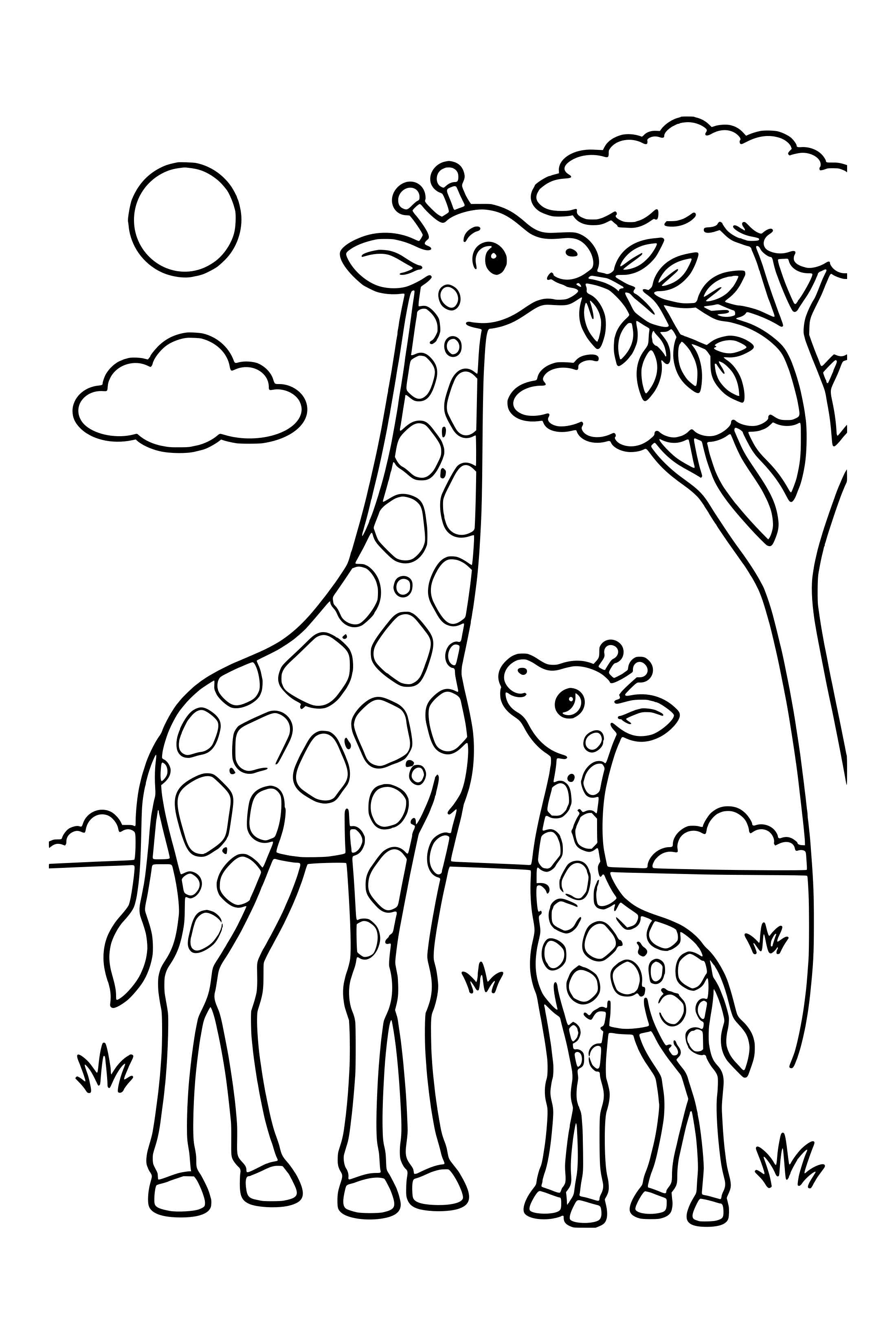 Coloring page of a giraffe eating leaves from an acacia tree next to a baby giraffe