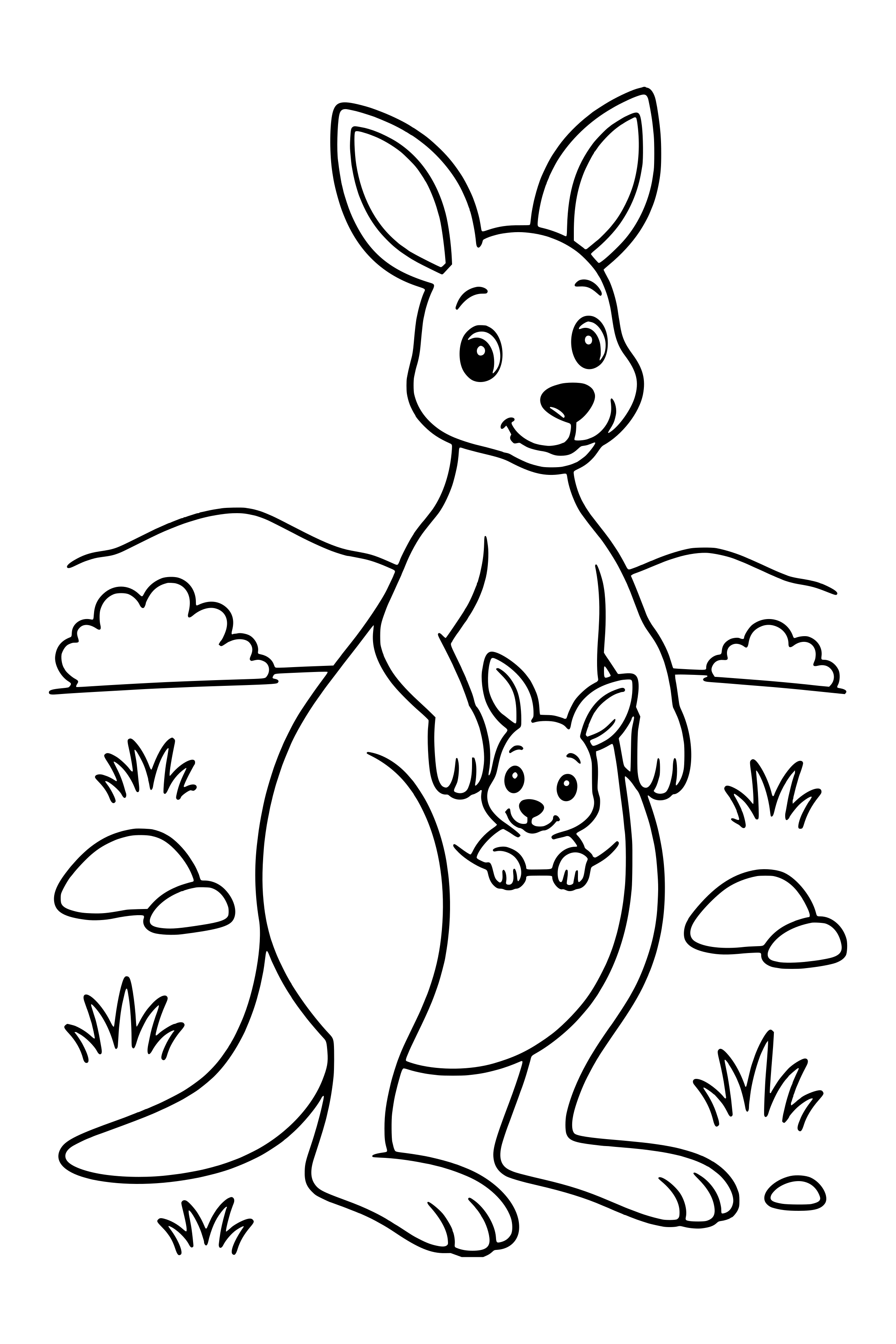 Coloring page of a mother kangaroo with a baby joey peeking out of her pouch