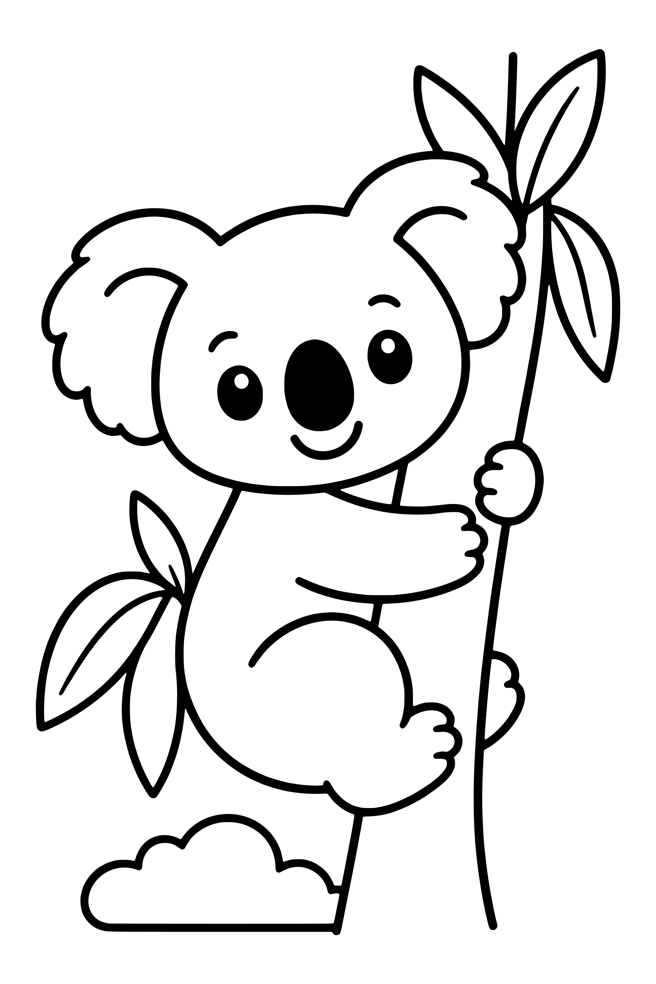 Coloring page of a cute koala hugging a eucalyptus tree