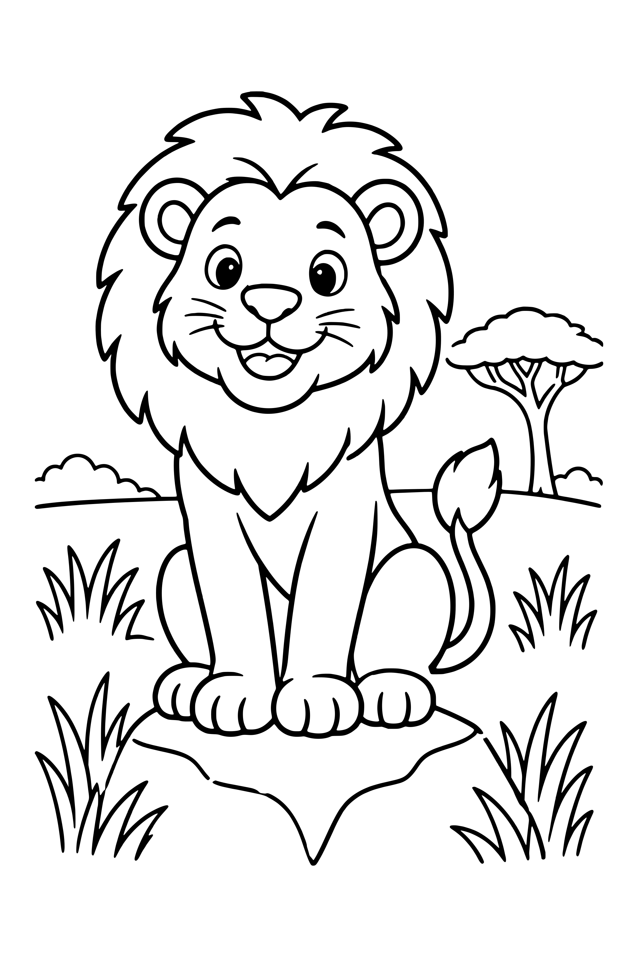 Coloring page of a friendly lion with a fluffy mane sitting on a rock in the savanna