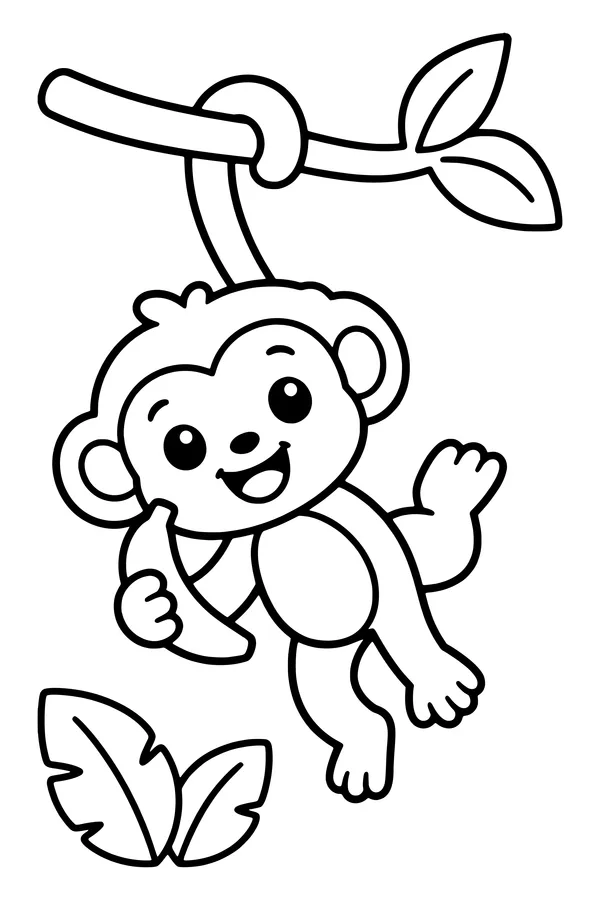 Coloring page of a cute monkey hanging by its tail from a branch and holding a banana