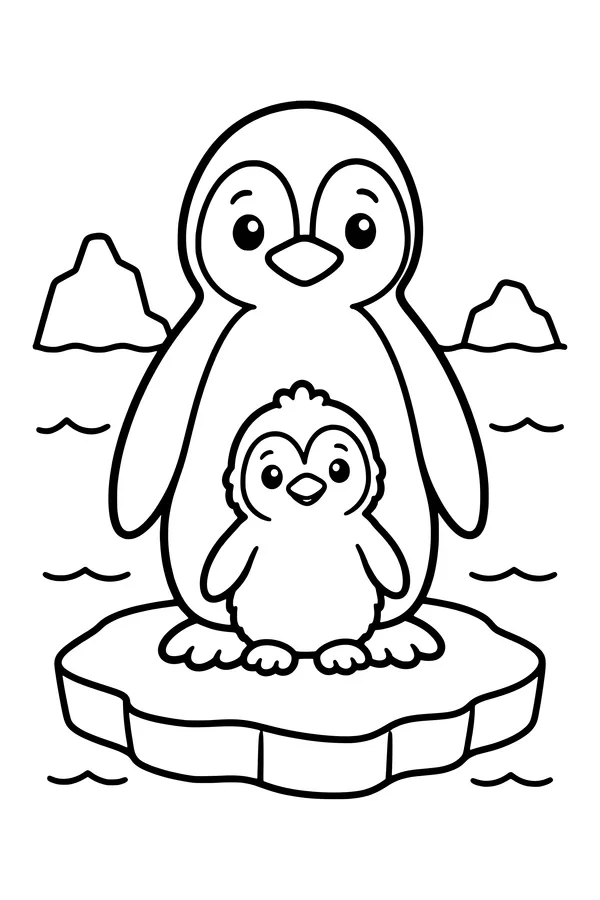 Coloring page of a penguin parent and a fluffy chick standing on the ice