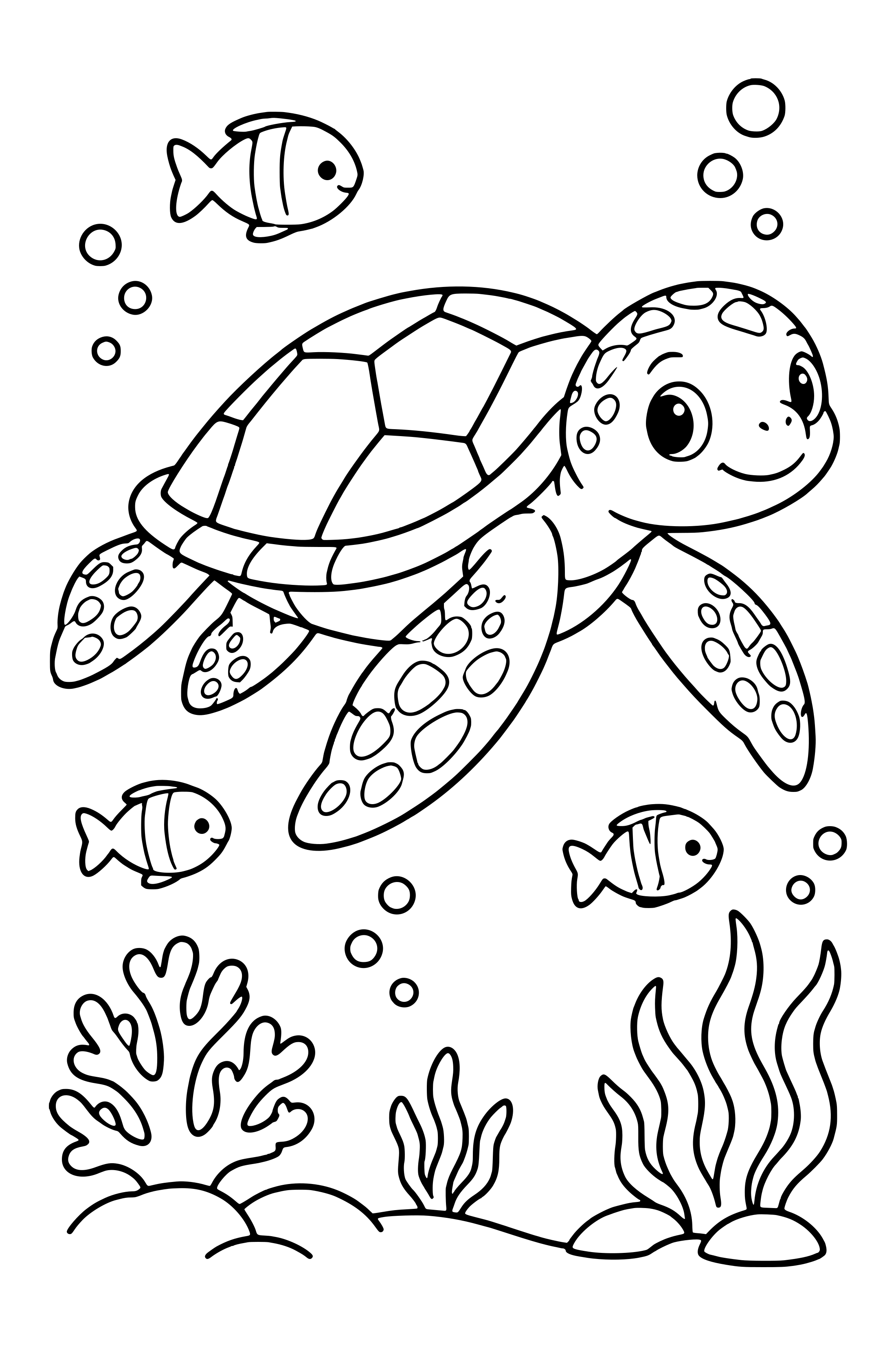 Coloring page of a sea turtle swimming over a coral reef with small fish