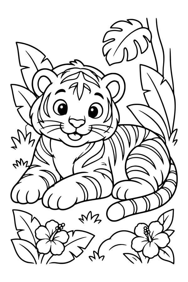 Coloring page of a friendly tiger lying among big jungle leaves