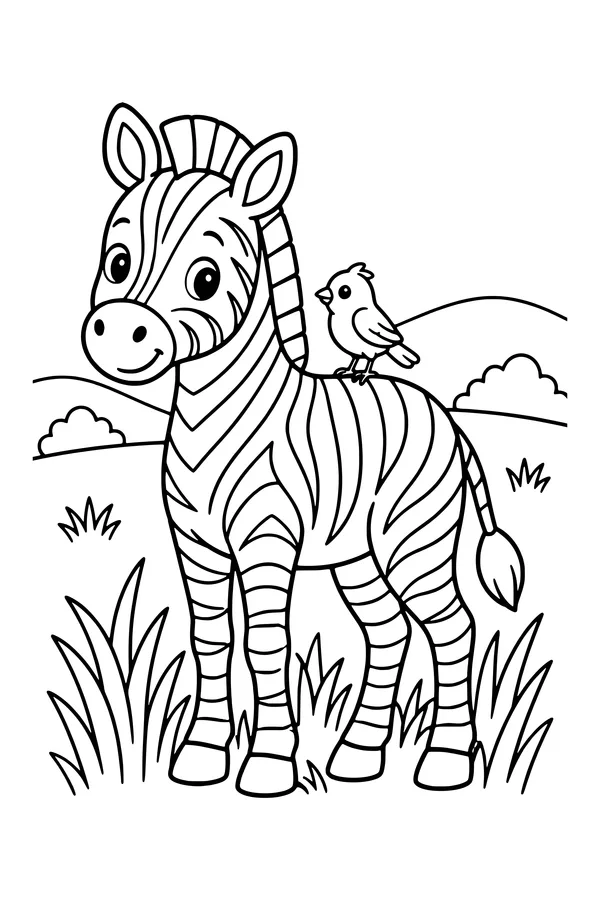 Coloring page of a zebra standing in tall grass with a small bird on its back