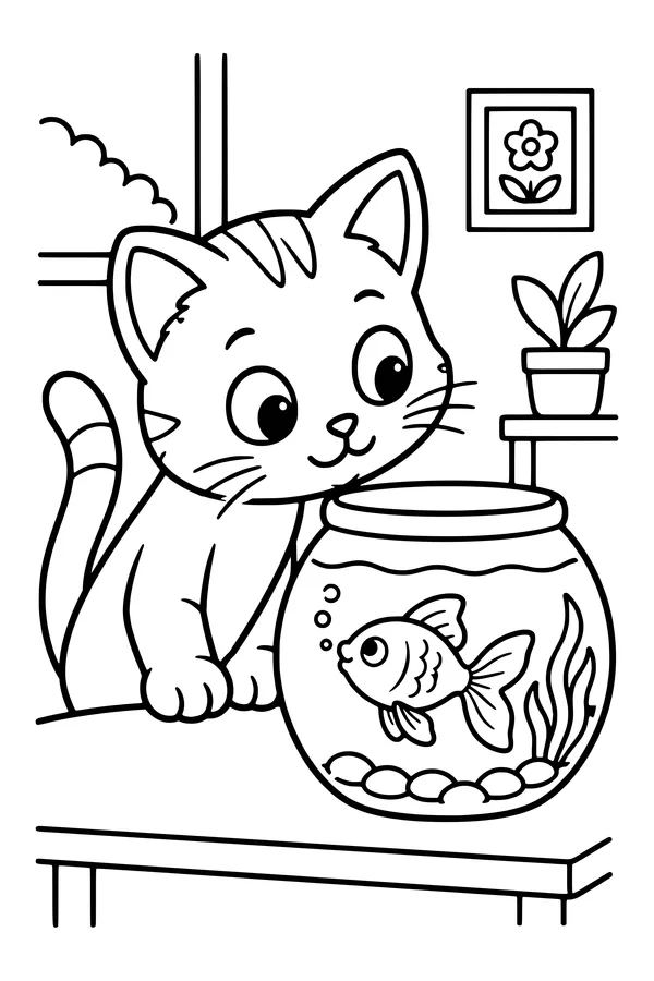 Coloring page of a curious cat looking at a goldfish in a round bowl