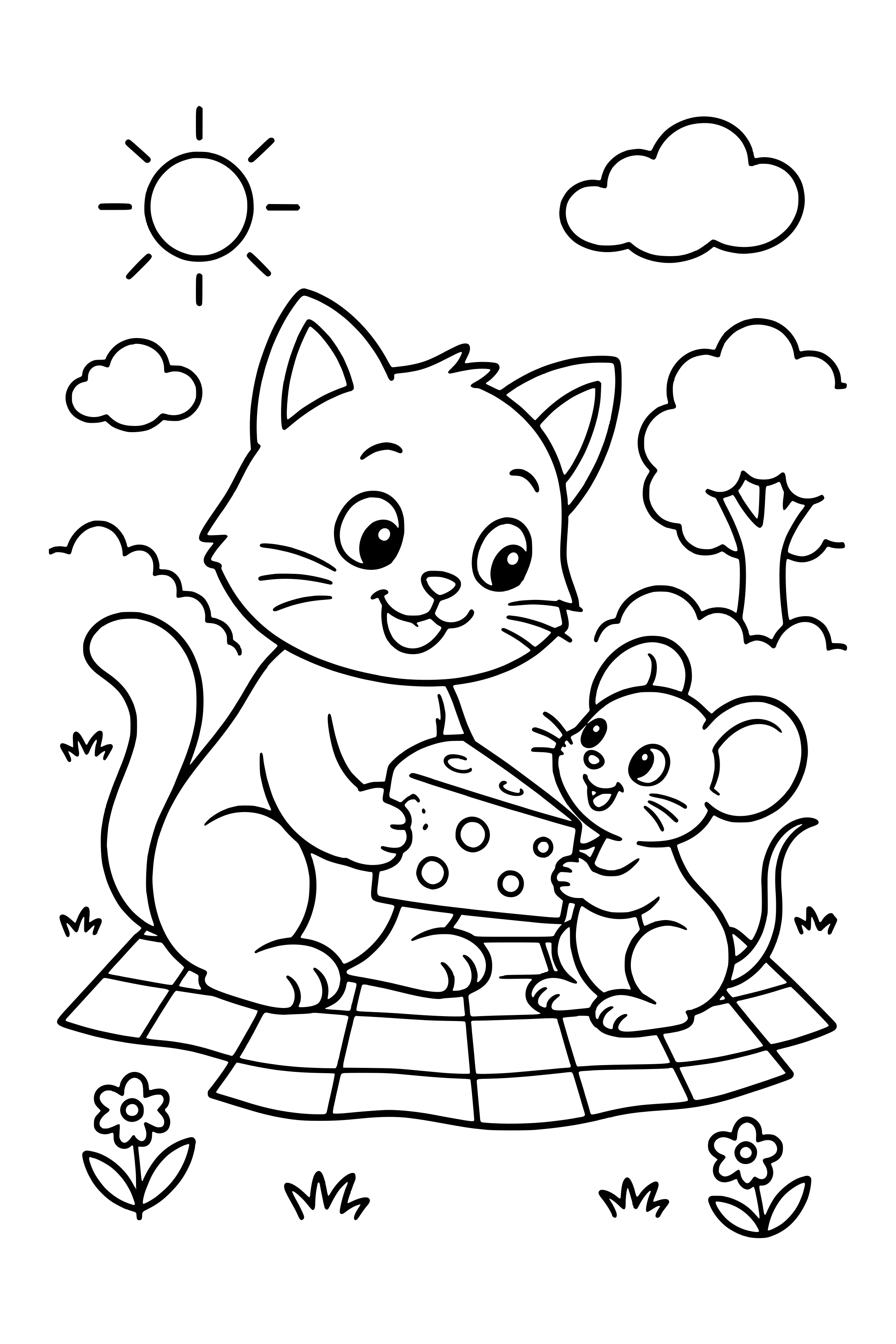 Coloring page of a cat and a mouse sharing cheese on a picnic blanket