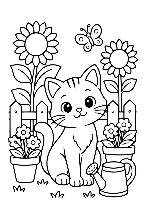 Coloring page of a cat among flower pots and sunflowers in a garden
