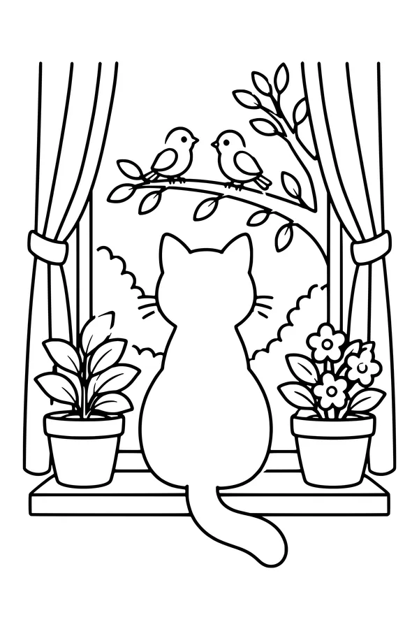 Coloring page of a cat on a windowsill watching two birds on a branch outside