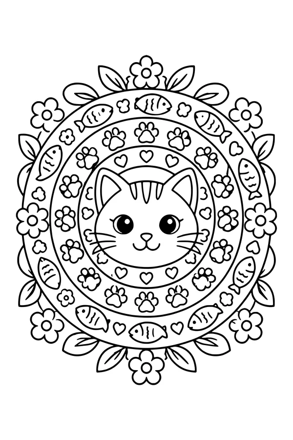 Coloring page of a round mandala with a cat face in the center and rings of paw prints and fish