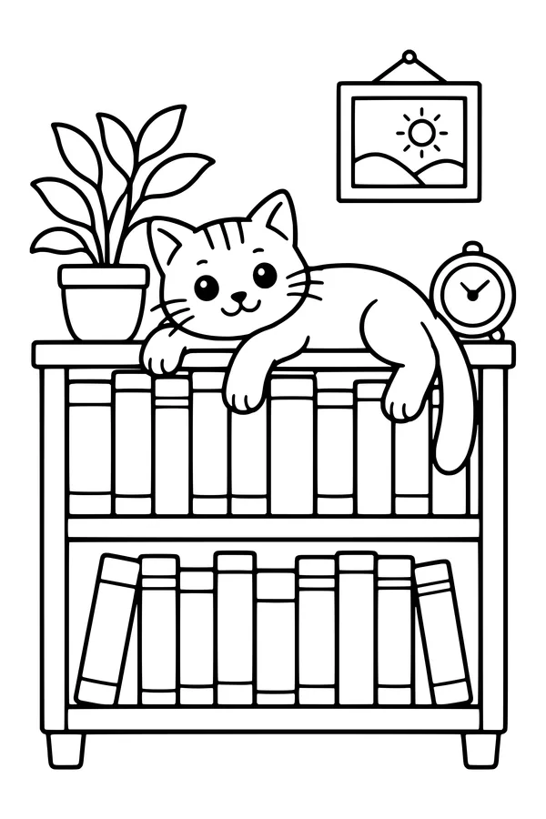 Coloring page of a cat stretched out on top of a row of books on a shelf