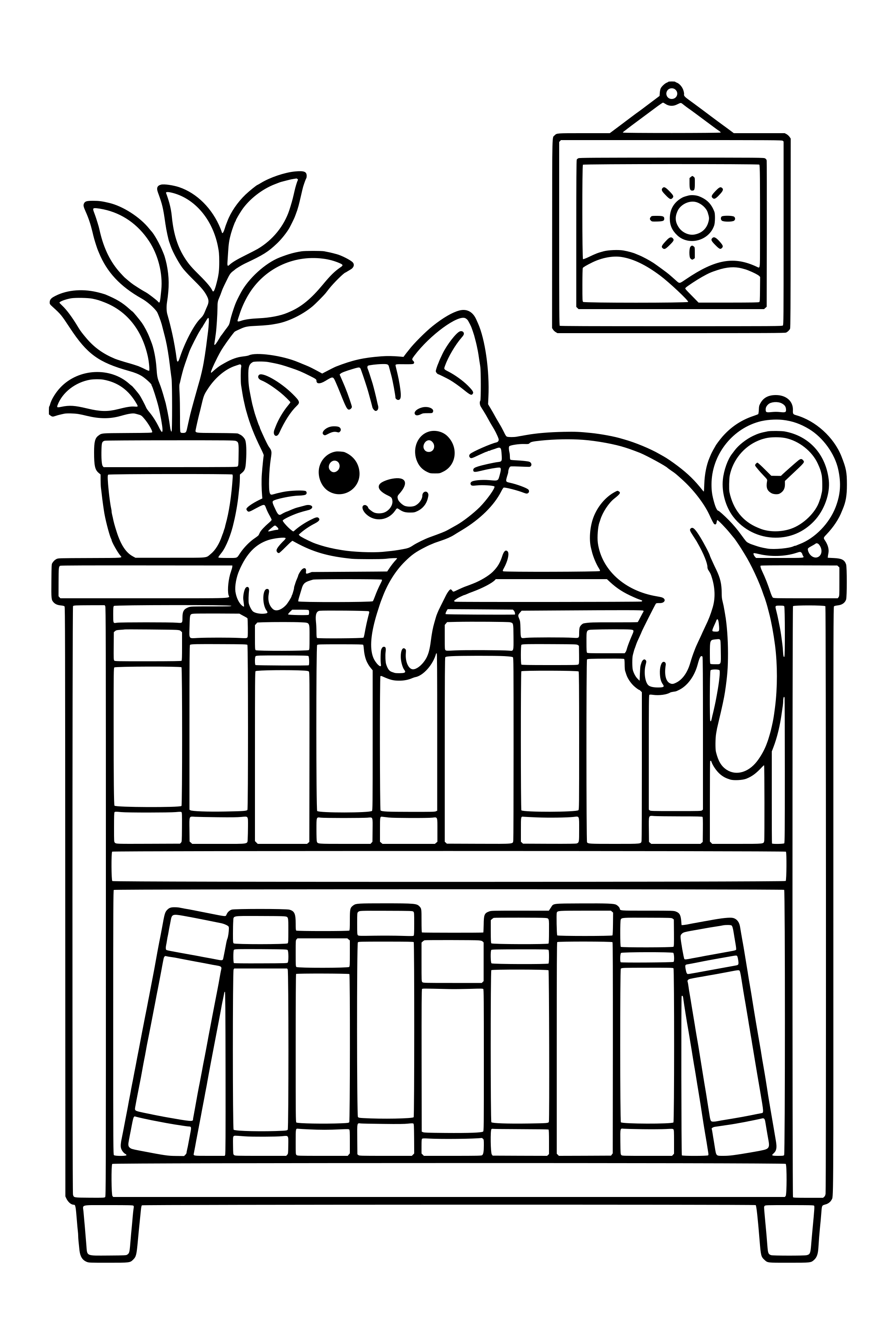 Coloring page of a cat stretched out on top of a row of books on a shelf