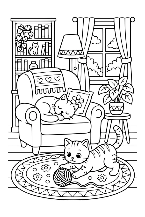Coloring page of two cats in a cozy living room with an armchair, a rug and a bookshelf