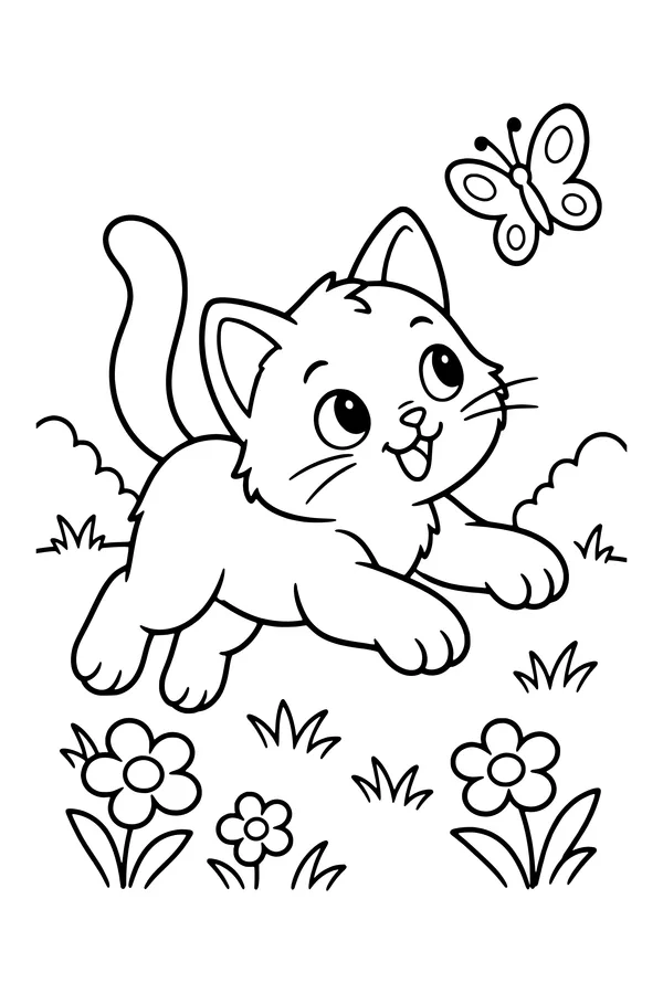 Coloring page of a kitten leaping in the grass after a butterfly