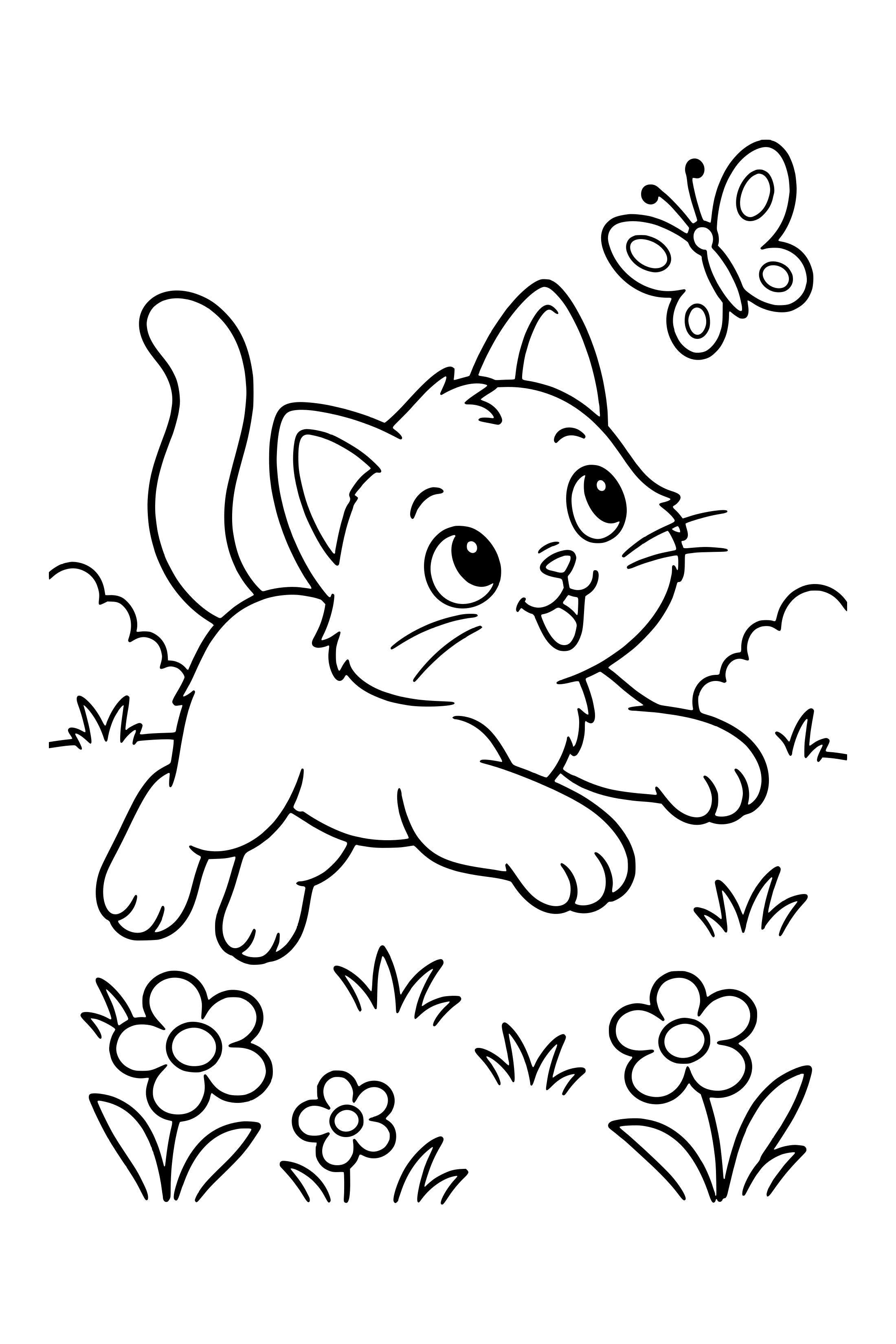 Coloring page of a kitten leaping in the grass after a butterfly