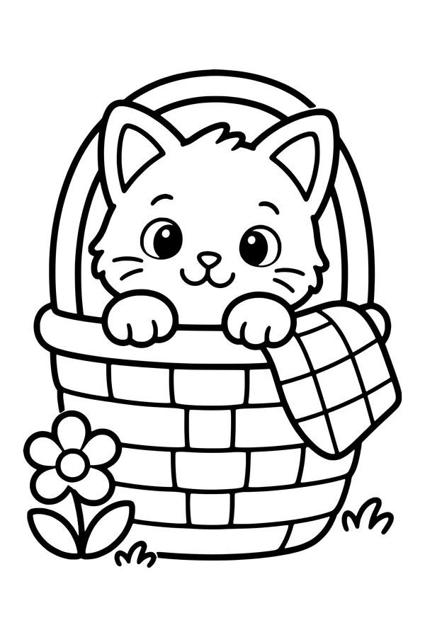 Coloring page of a kitten peeking out of a woven picnic basket