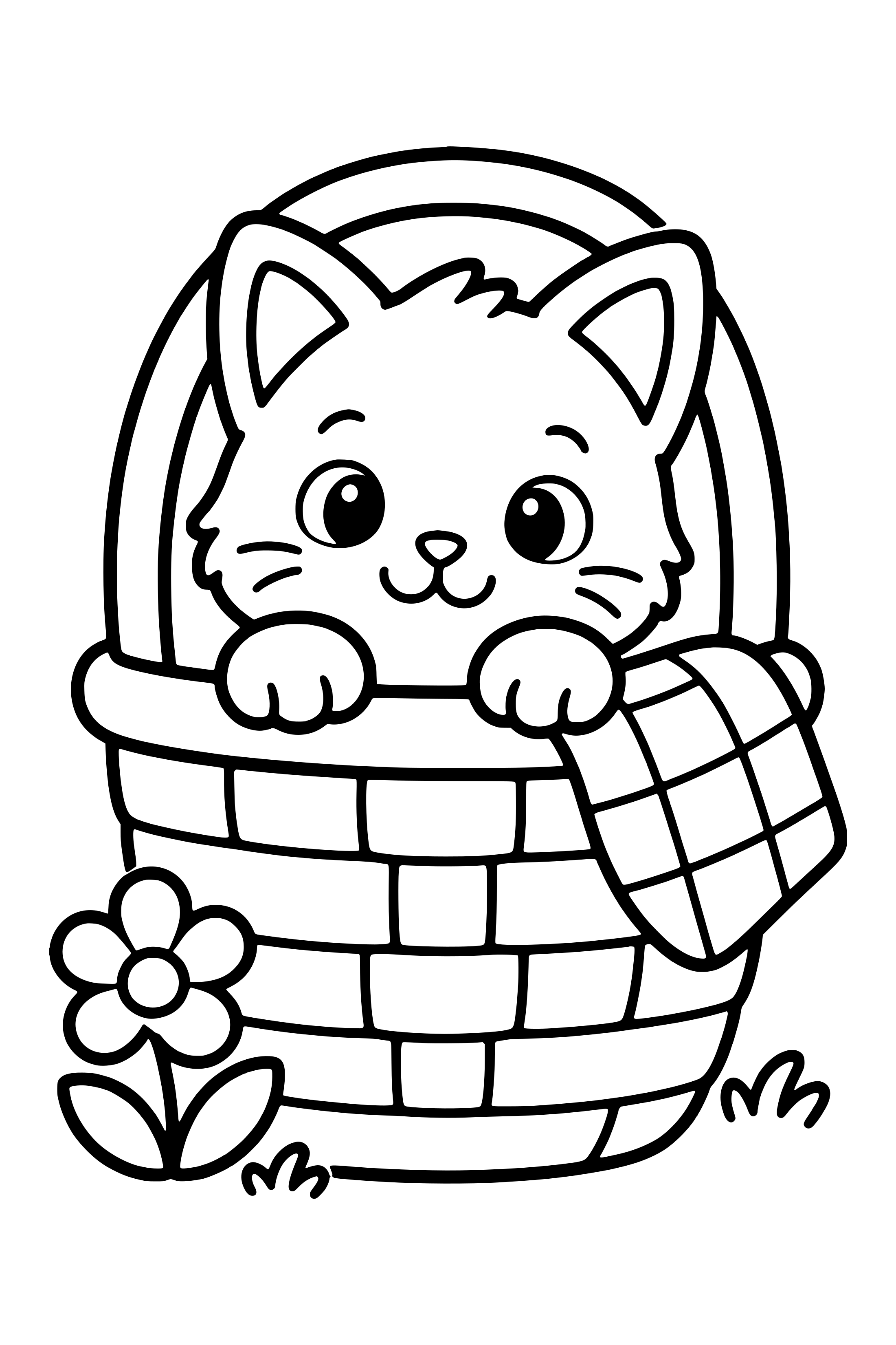 Coloring page of a kitten peeking out of a woven picnic basket