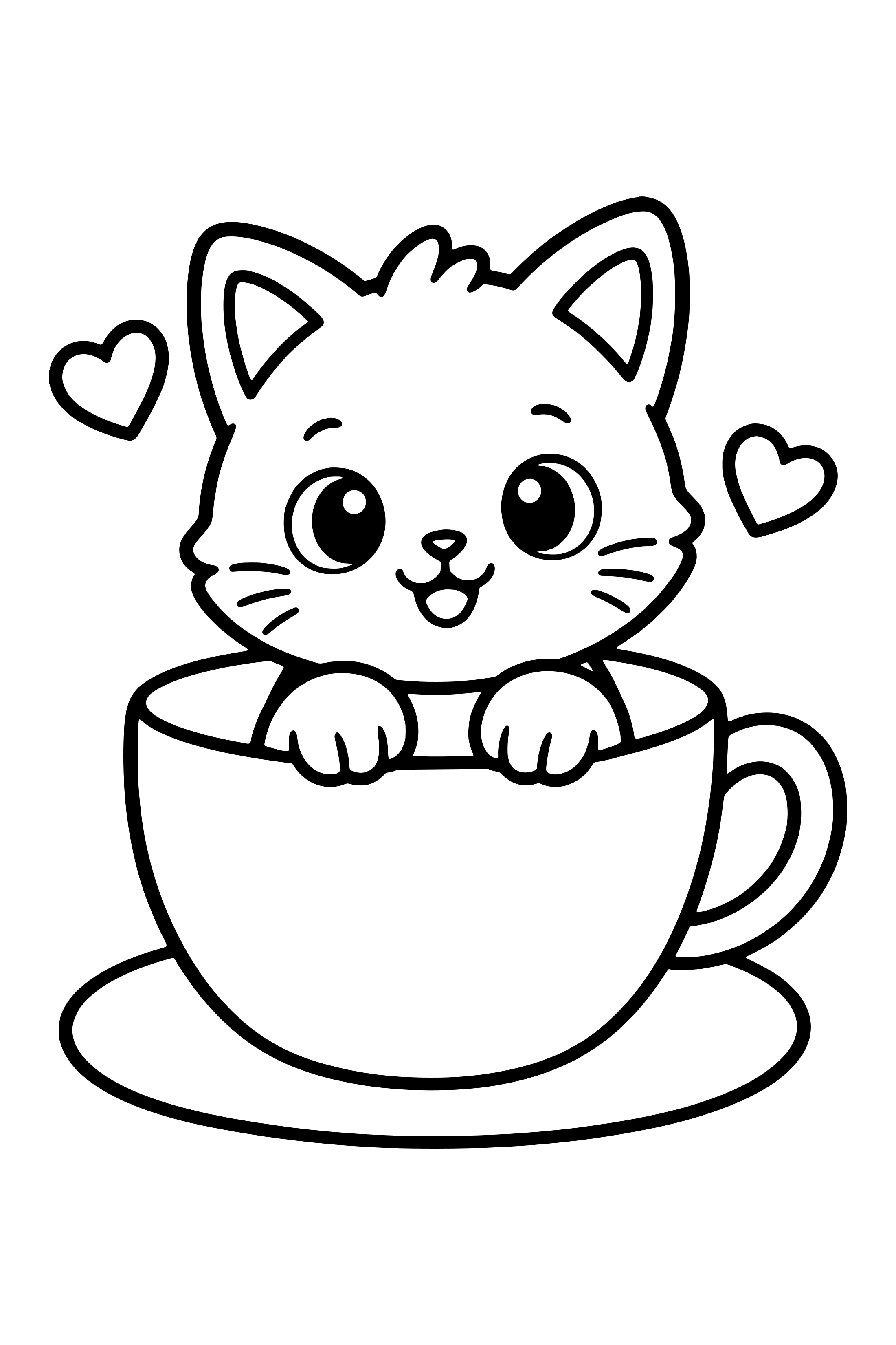 Coloring page of a tiny kitten sitting in a big teacup on a saucer