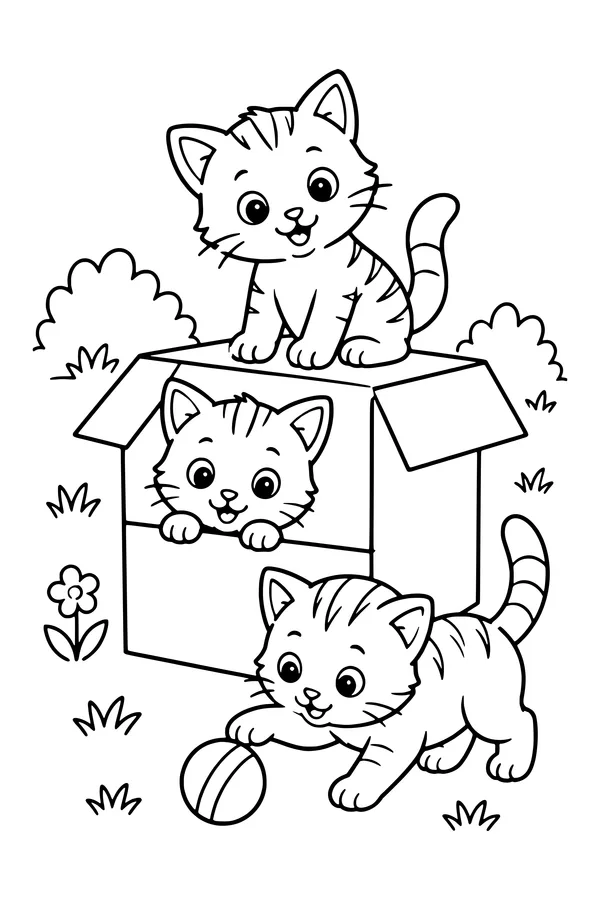Coloring page of three playful kittens in and on a cardboard box