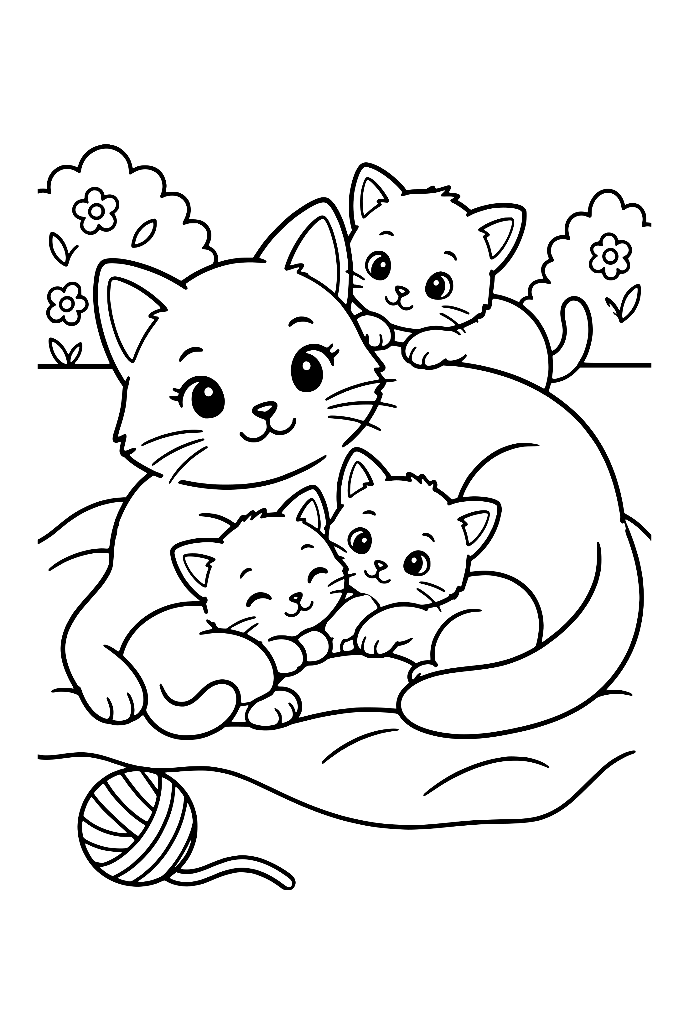 Coloring page of a mother cat lying on a blanket with three kittens
