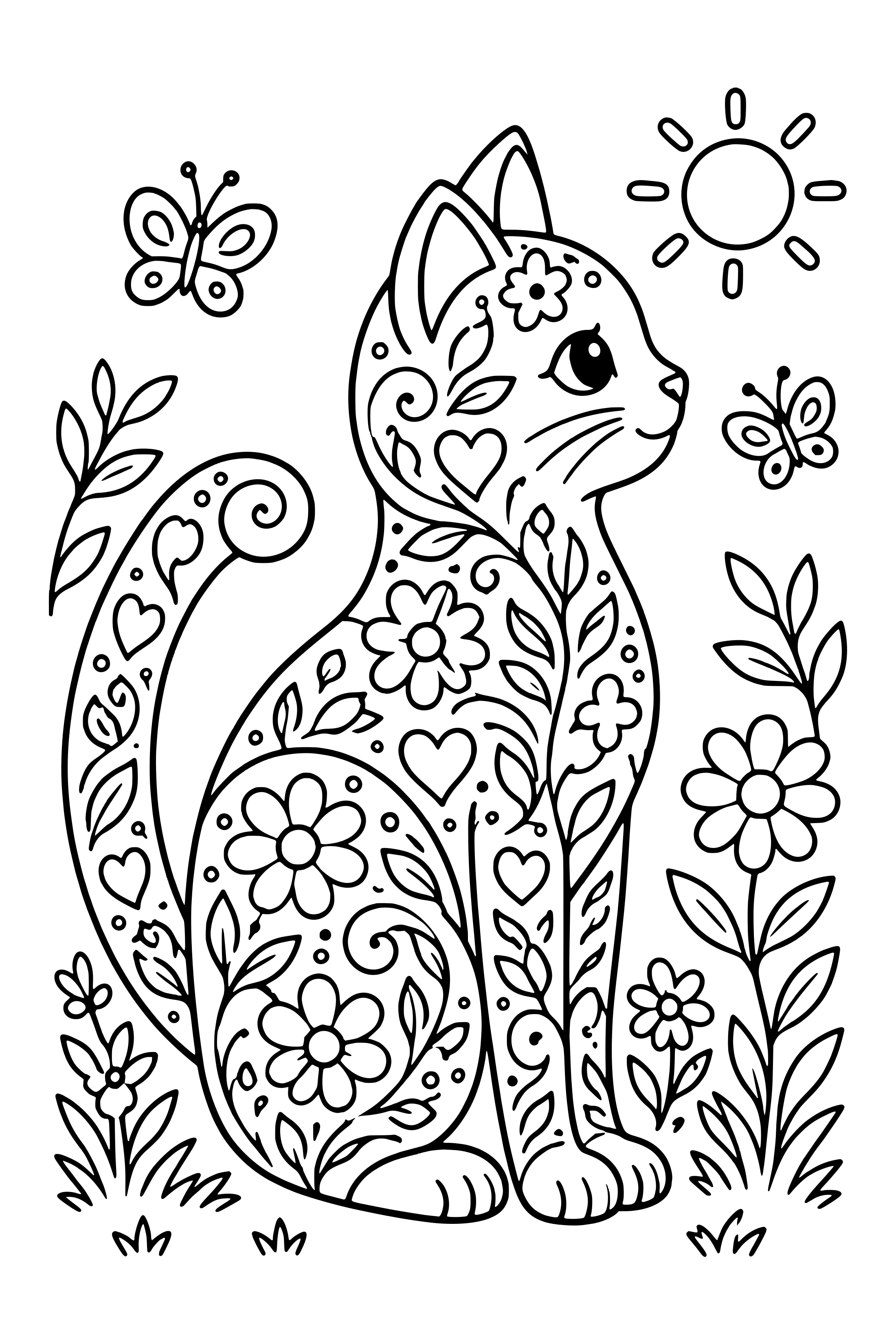 Coloring page of a sitting cat filled with patterns of swirls, flowers and hearts