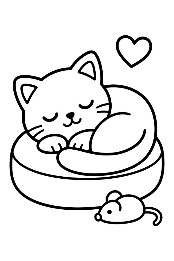 Coloring page of a cat curled up asleep on a round cushion next to a toy mouse