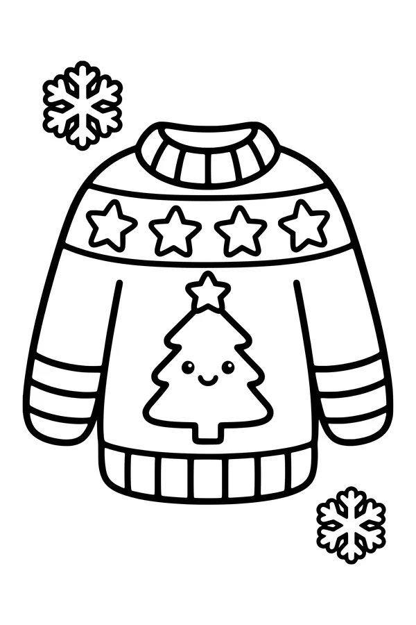 Coloring page of a Christmas sweater with a big tree, a row of stars and striped cuffs