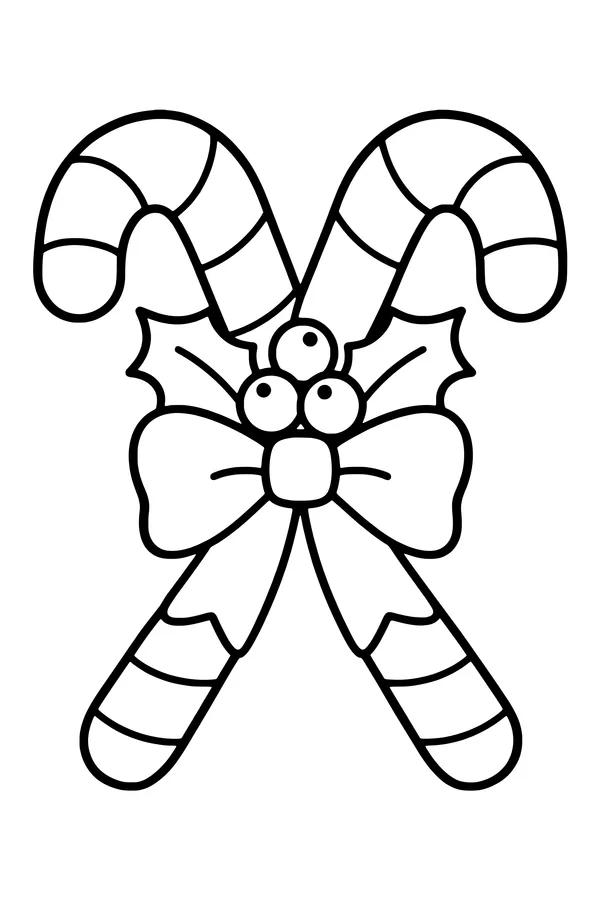 Coloring page of two crossed striped candy canes tied with a bow and holly