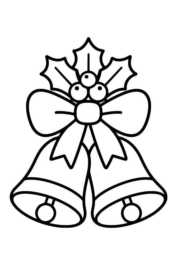 Coloring page of two Christmas bells tied together with a ribbon bow and holly