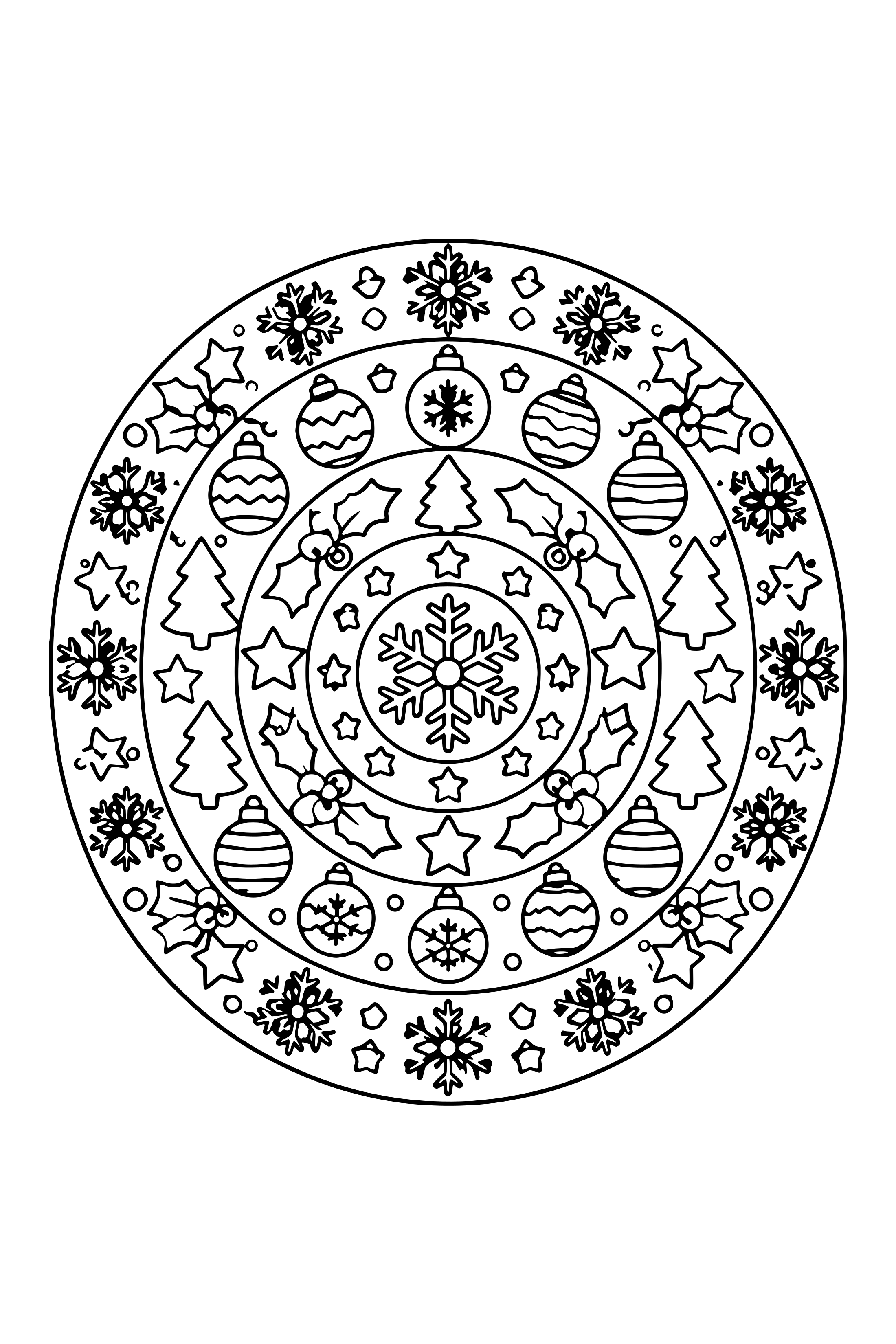 Coloring page of a Christmas mandala with rings of snowflakes, ornaments, trees and holly