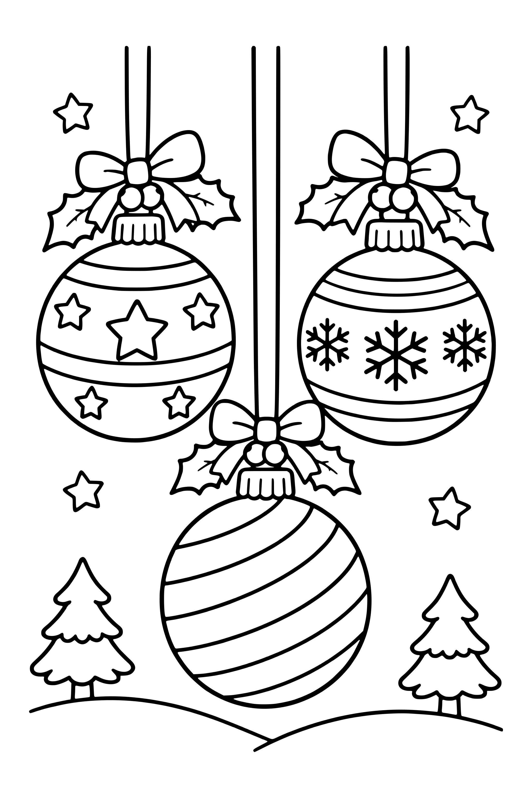 Coloring page of three patterned Christmas ornaments hanging from ribbons with holly