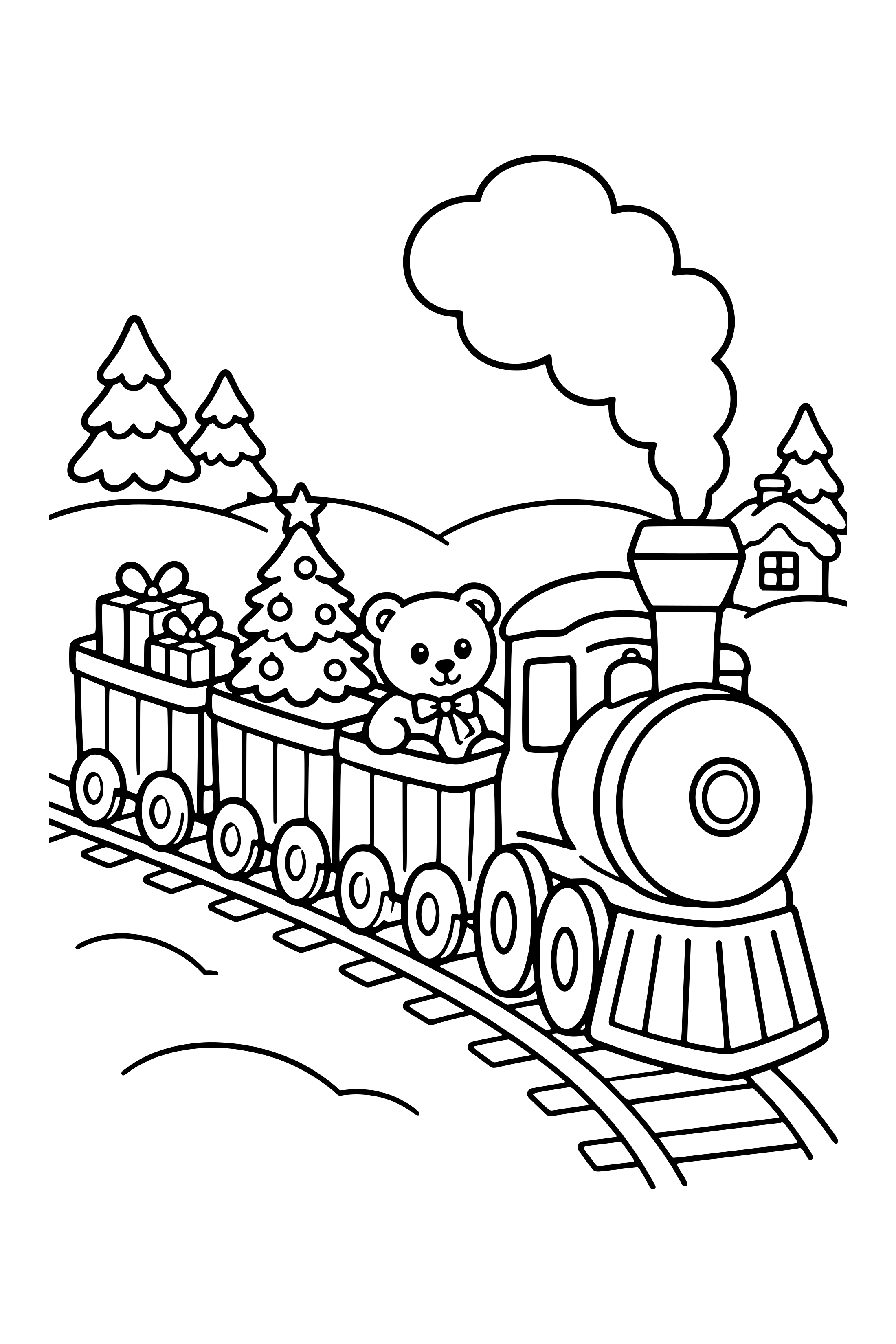 Coloring page of a toy train carrying presents, a small tree and a teddy bear through the snow