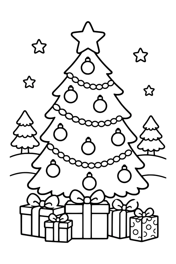 Coloring page of a decorated Christmas tree with a star on top and presents underneath