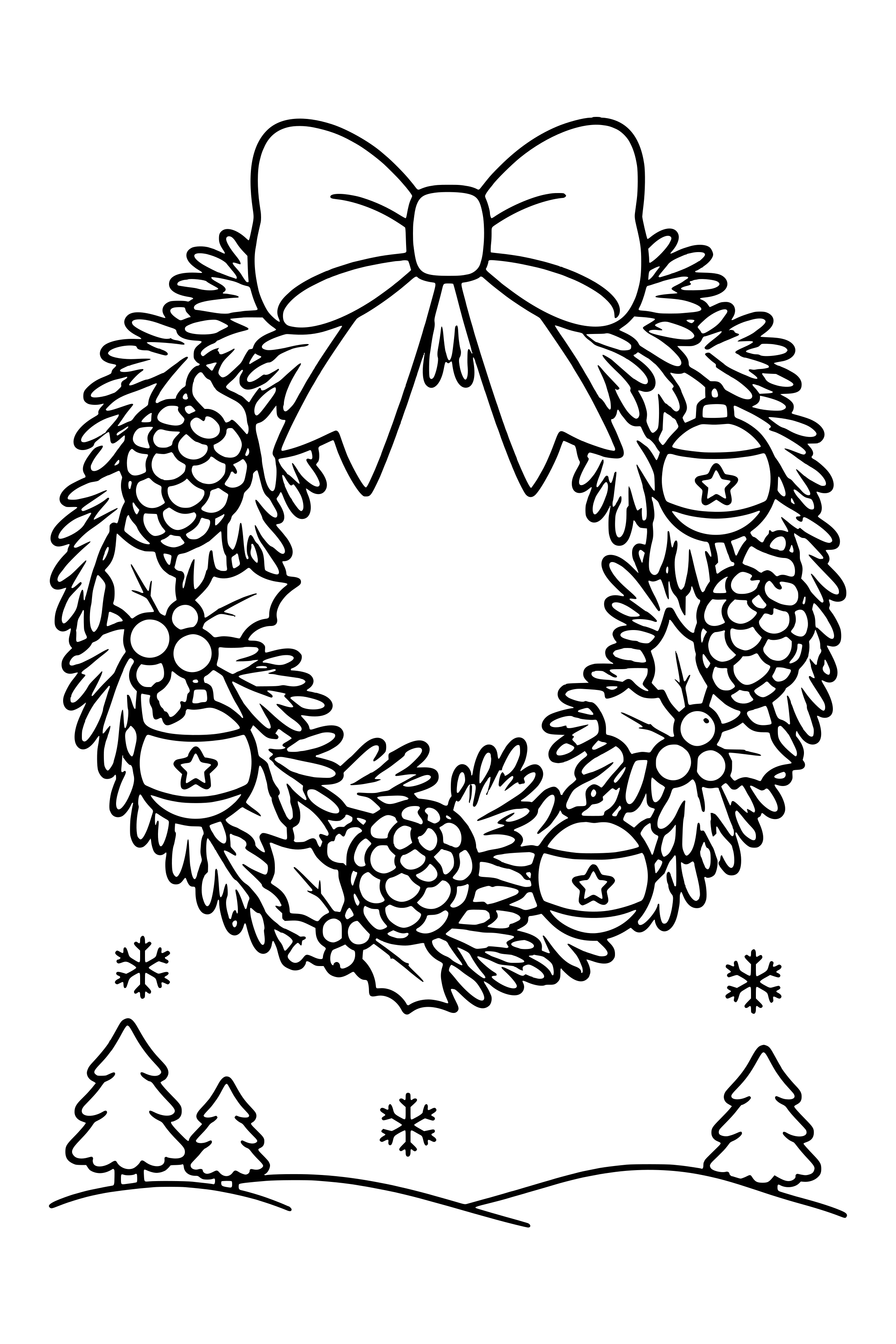 Coloring page of a Christmas wreath with a big bow, pinecones and holly berries