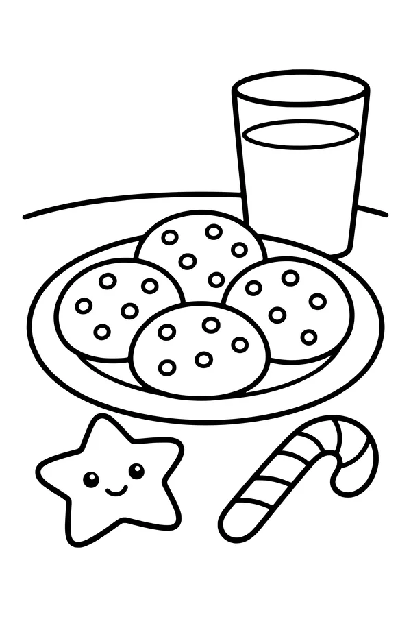 Coloring page of a plate of cookies and a glass of milk for Santa