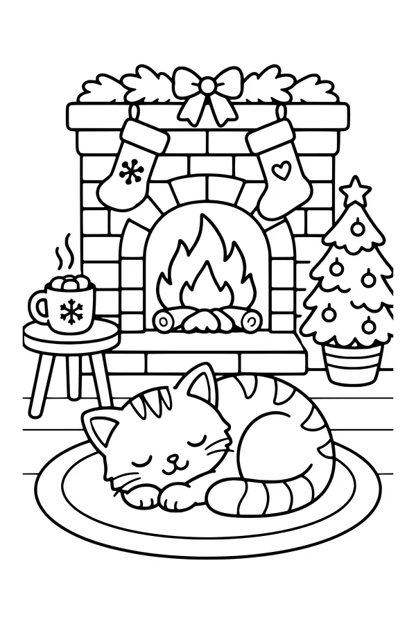 Coloring page of a cat asleep on a rug by a fireplace with stockings and a small Christmas tree