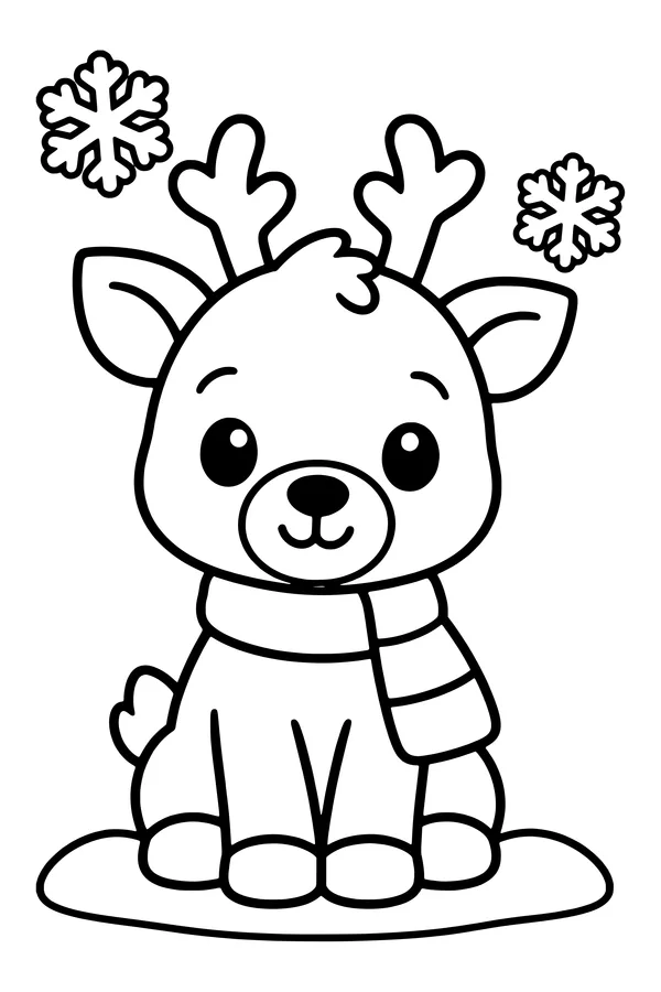 Coloring page of a cute baby reindeer with small antlers and a scarf sitting in the snow