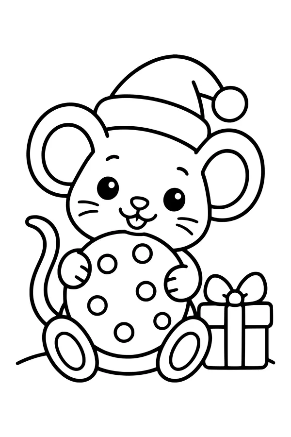 Coloring page of a cute mouse in a Santa hat hugging a big cookie
