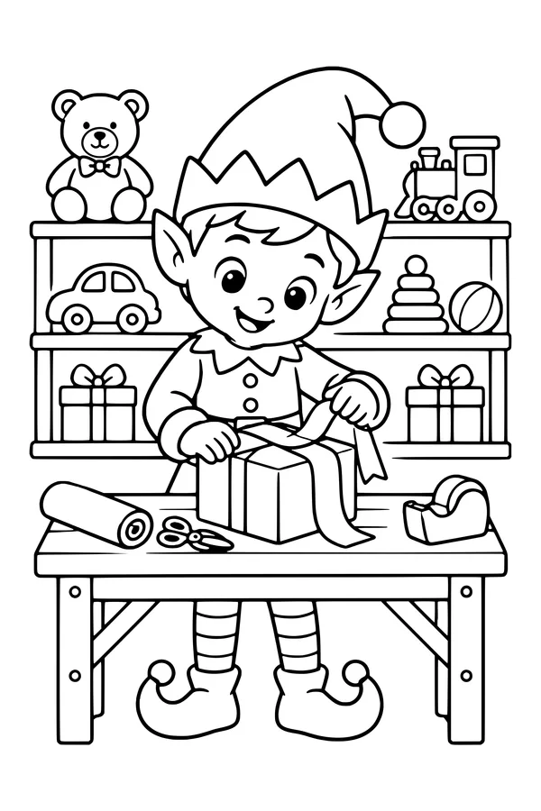 Coloring page of a cute Christmas elf wrapping a present at a workbench