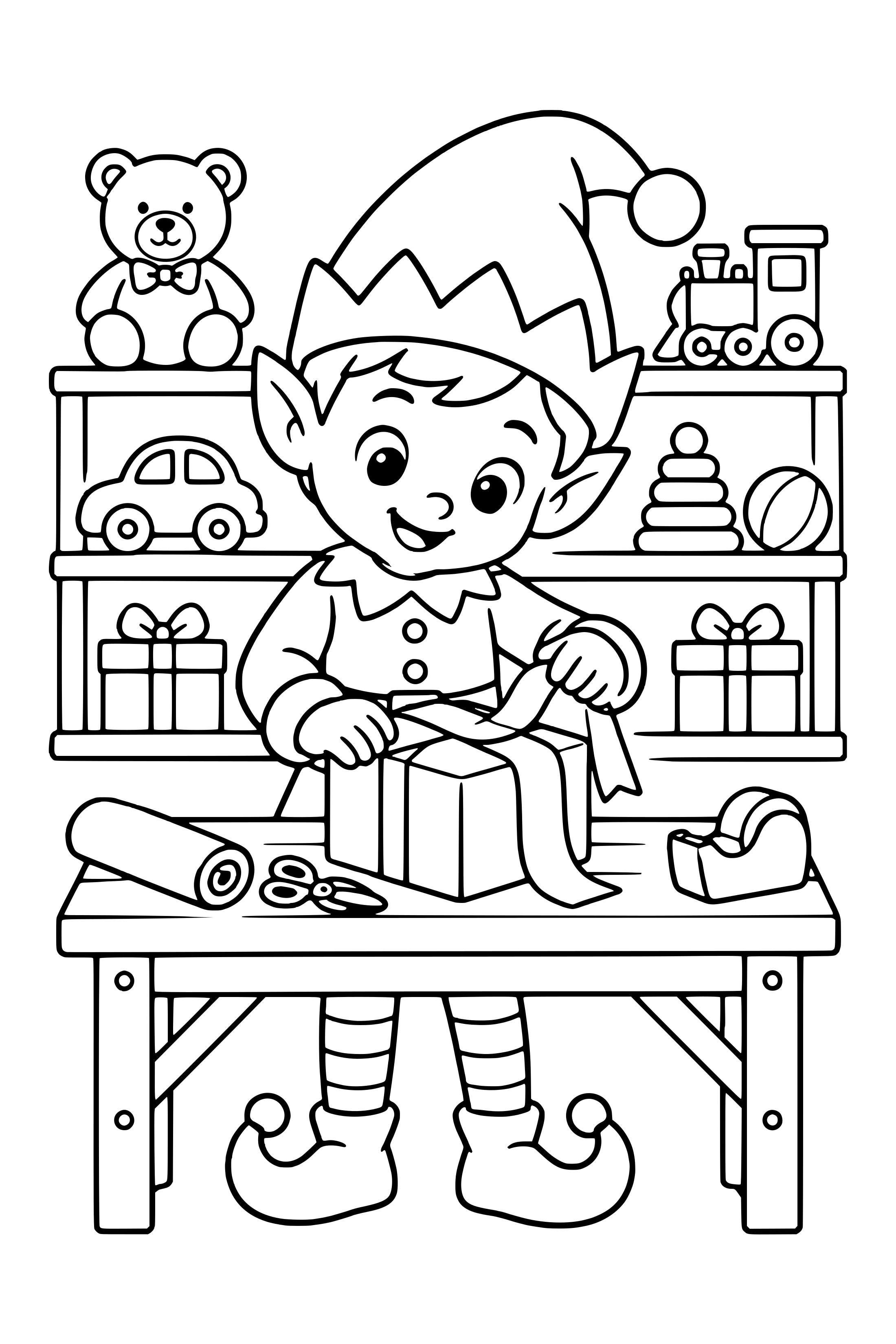 Coloring page of a cute Christmas elf wrapping a present at a workbench
