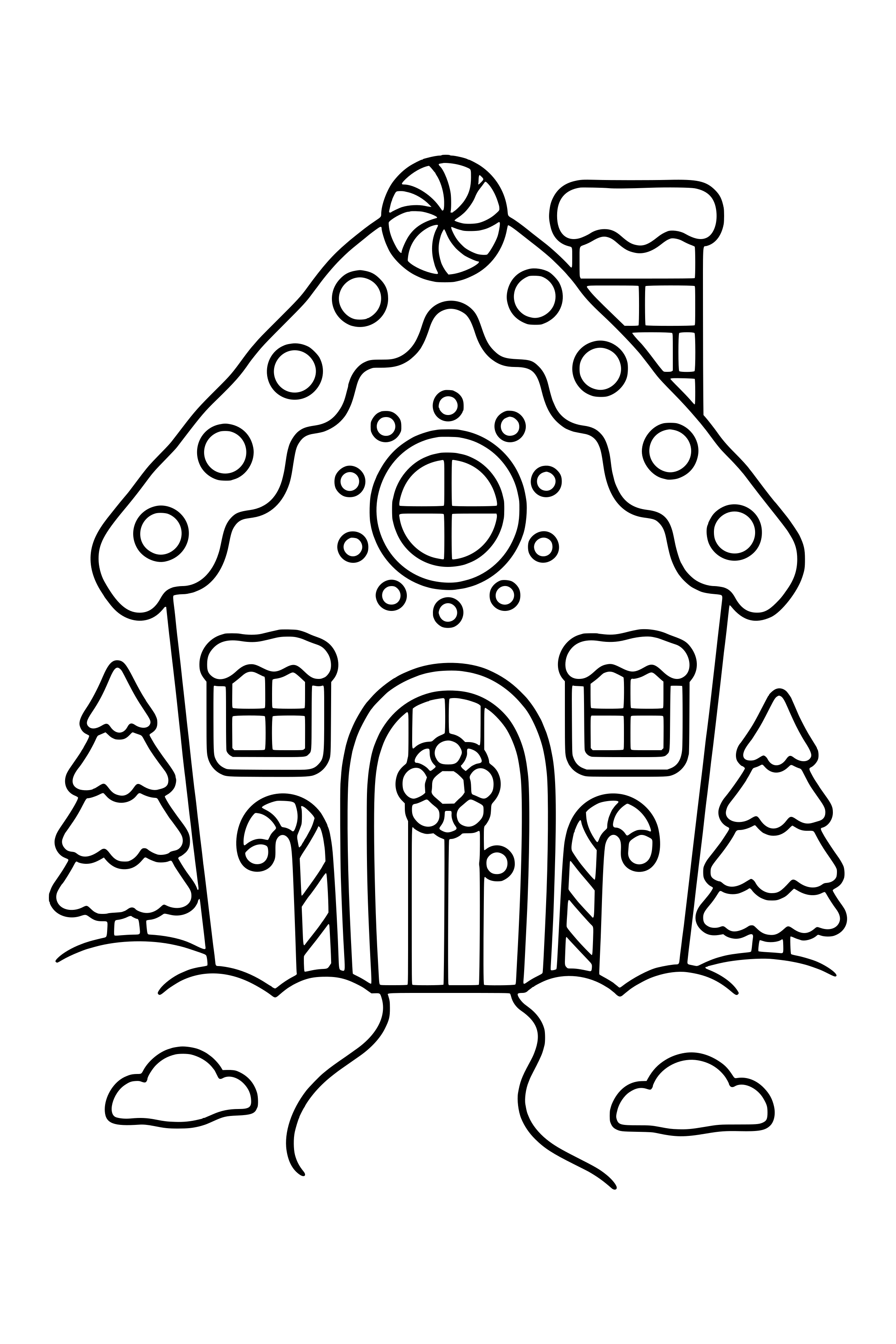 Coloring page of a gingerbread house with icing, candies and candy canes in a snowy yard