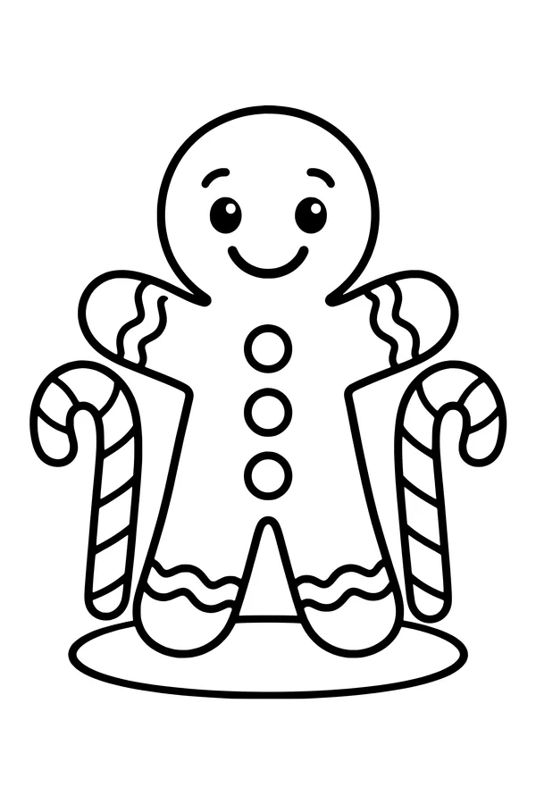 Coloring page of a smiling gingerbread man with icing buttons between two candy canes
