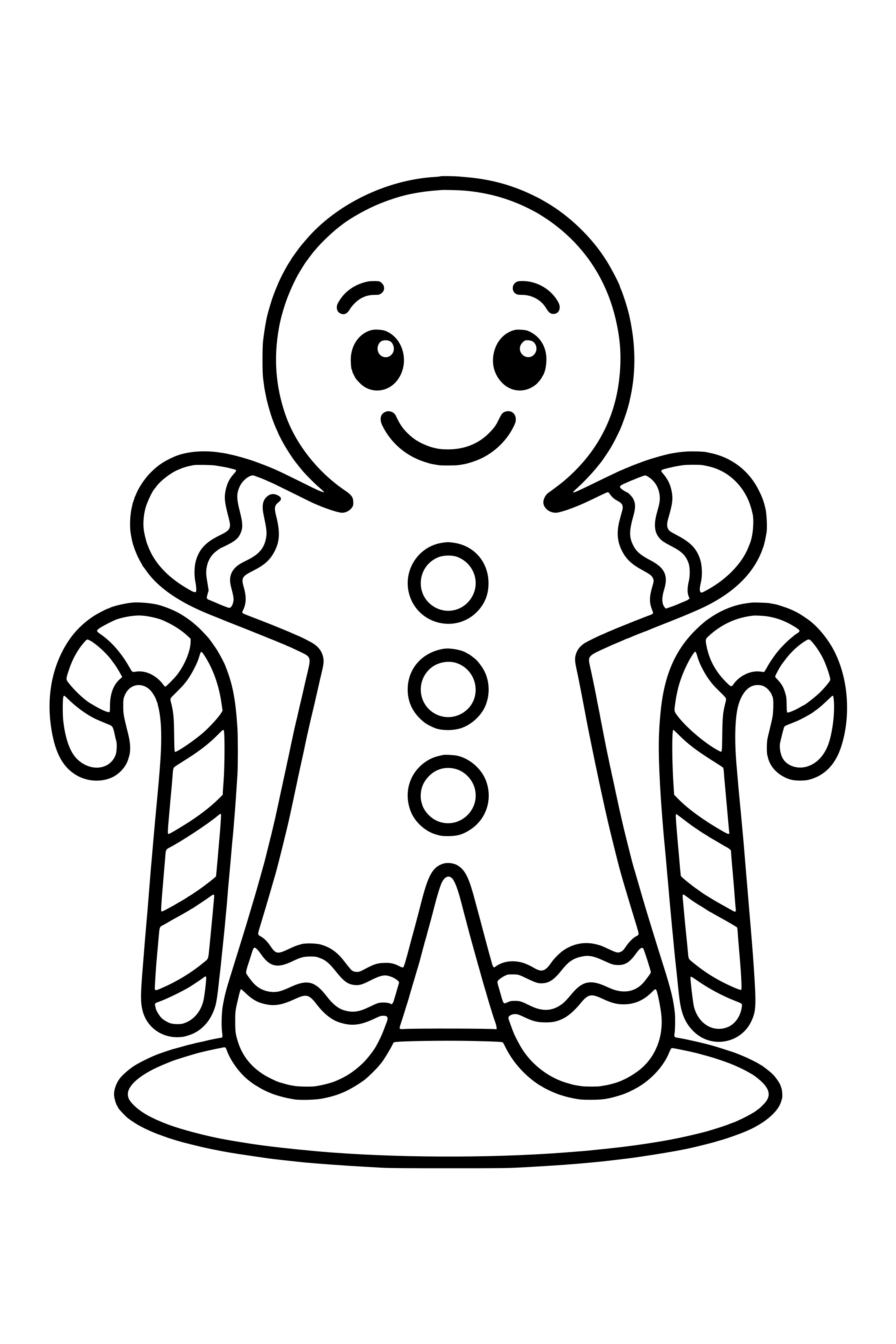 Coloring page of a smiling gingerbread man with icing buttons between two candy canes